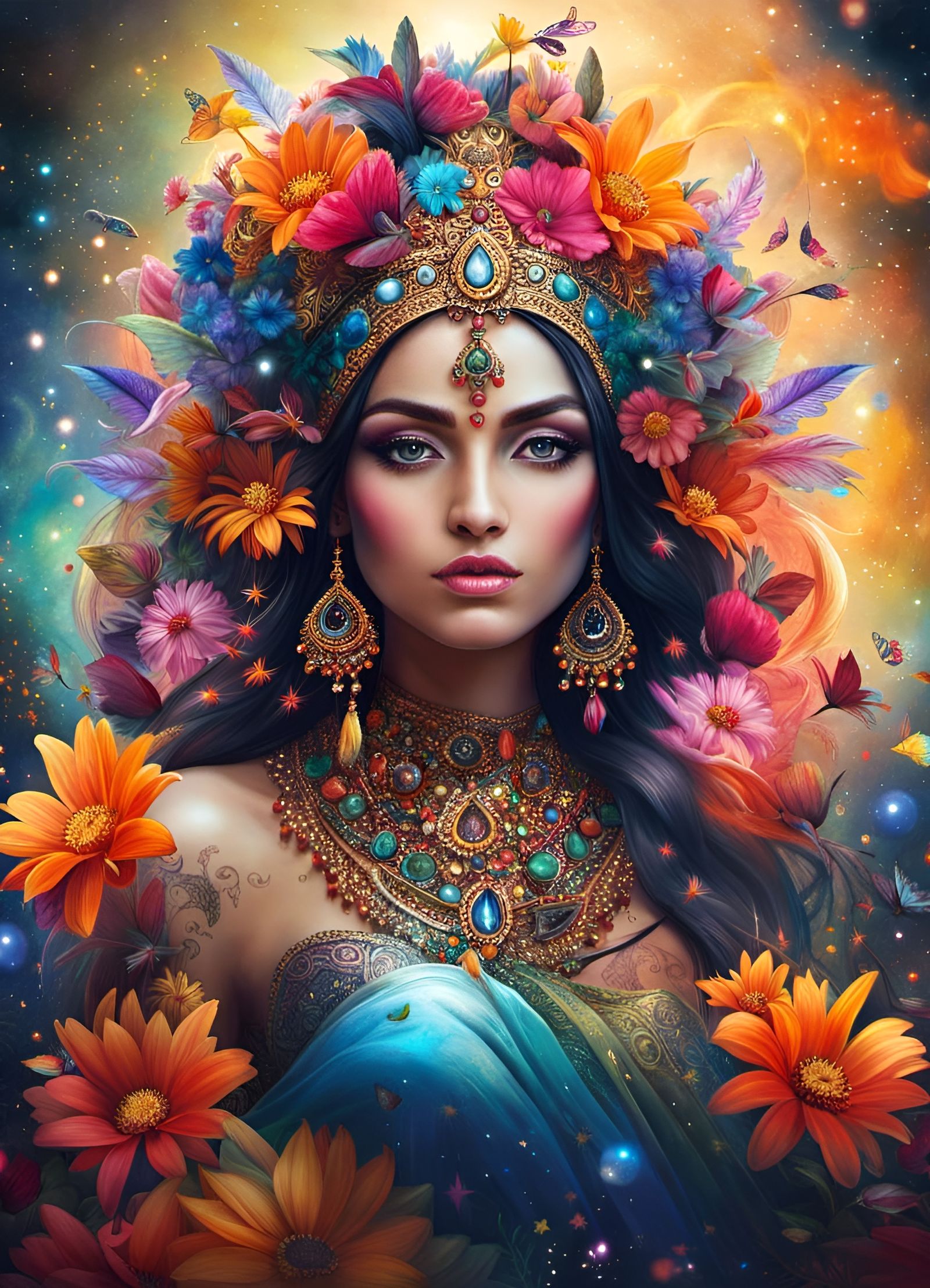 Rama and Sita in Wildflower Starry Scene