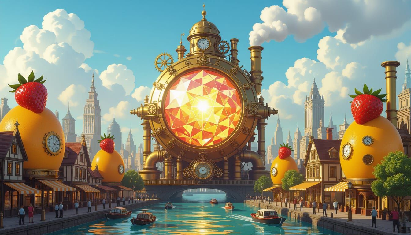 Steampunk Fruit Metropolis in Vintage-Futuristic Style