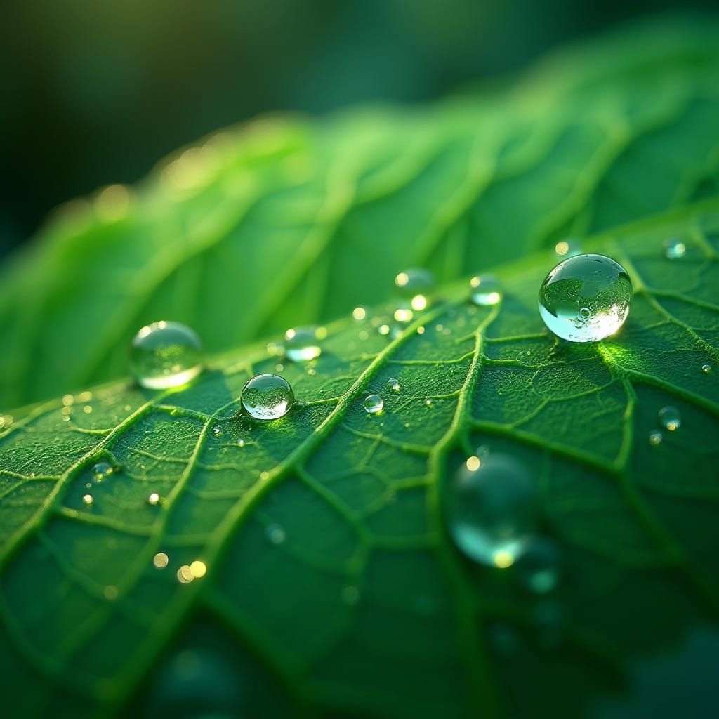 Intricate Morning Dew Patterns on Neon-Green Leaf