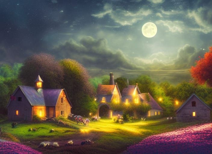 Moonlit Countryside: Farmhouses and Fields in Fantasy Art
