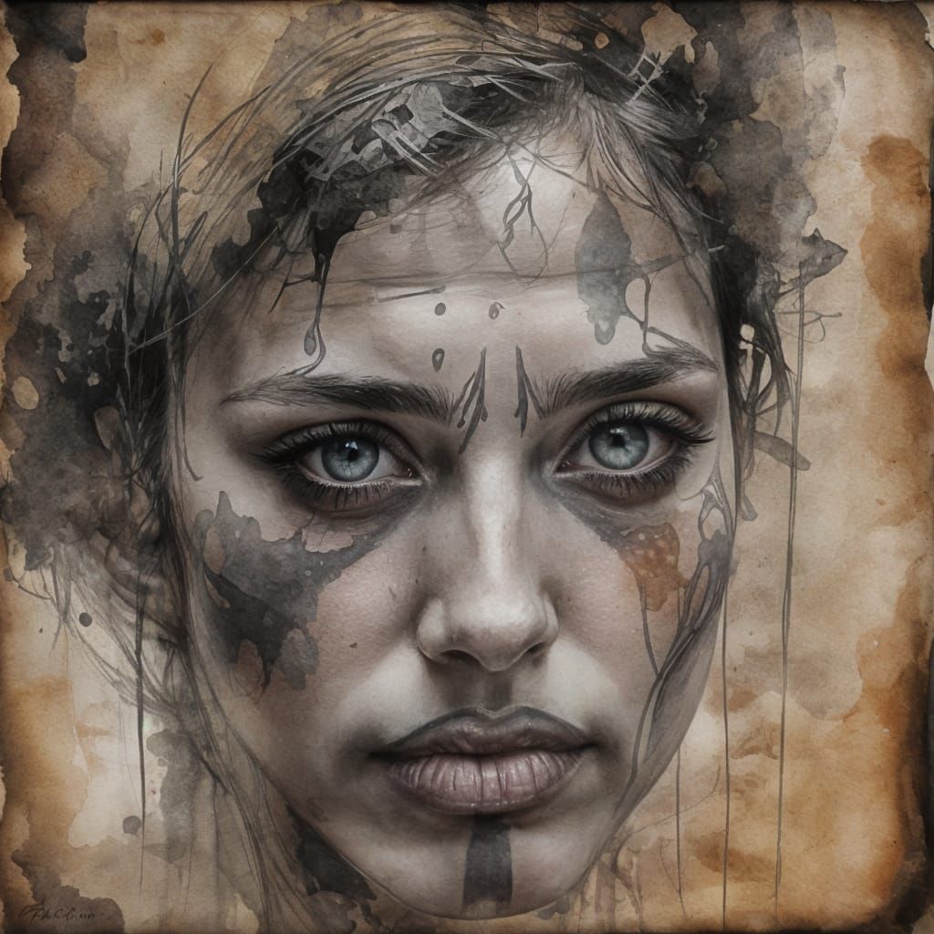 Portrait with Inky Lines and Watercolor Effects