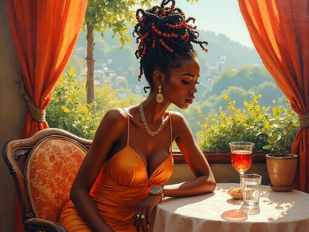 Caribbean Woman in Italian Cafe, Impasto Painting