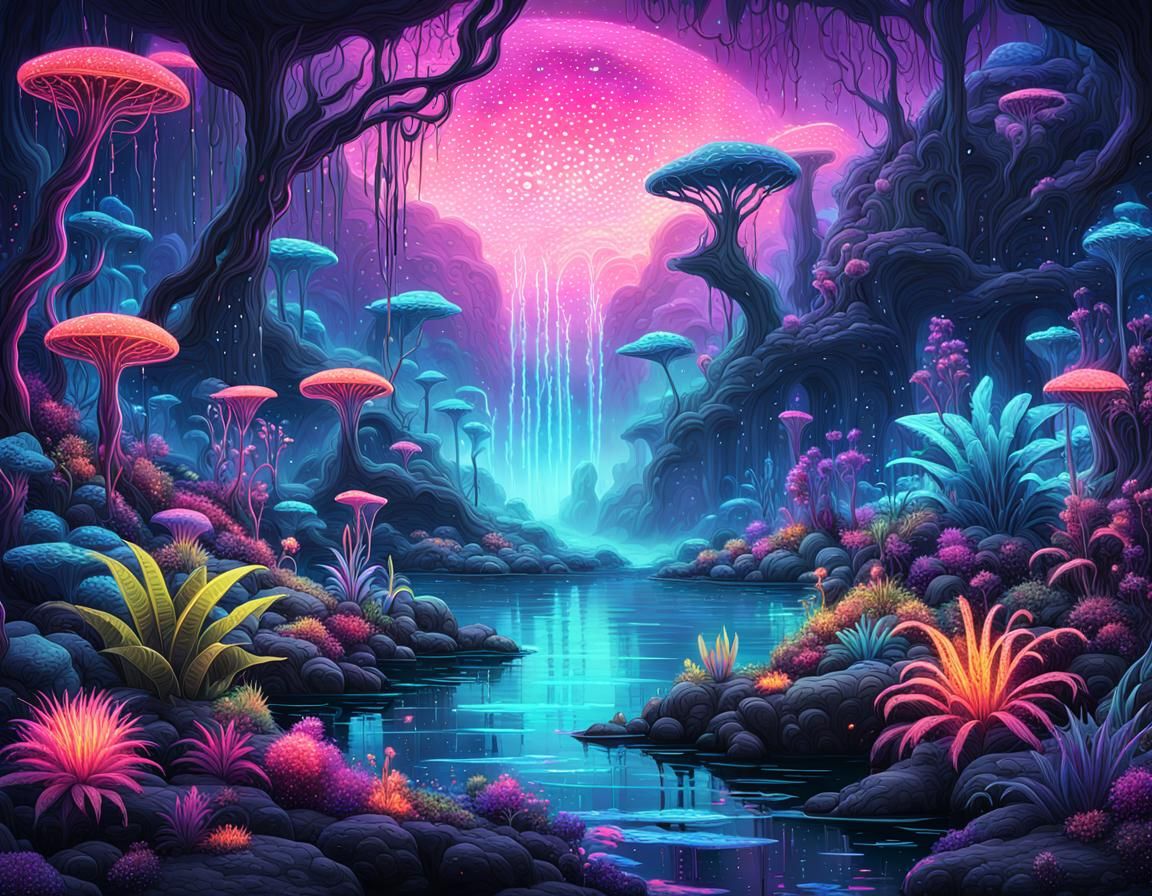 Neon Bioluminescent Magical Landscape in Street Art Style