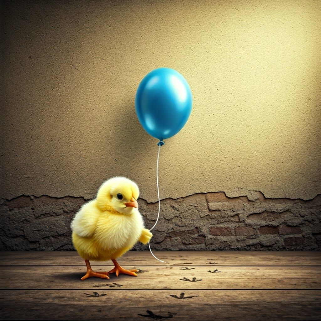 Whimsical Chick Holds Bright Blue Balloon Against Rustic Wal...