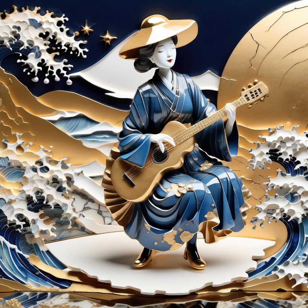 Golden Guitarist: 3D Collage in Kintsugi Porcelain