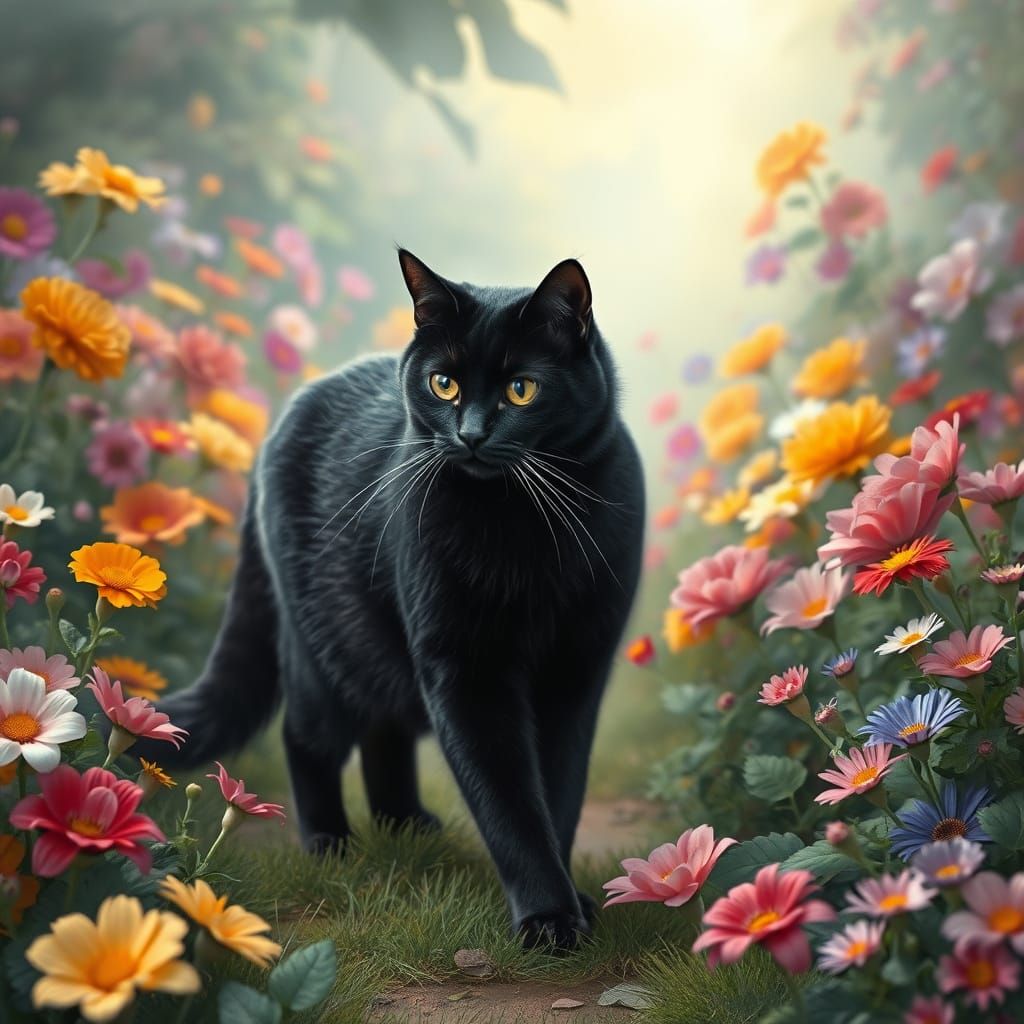 Elegant Black Cat Strolls through a Vibrant Dream Garden