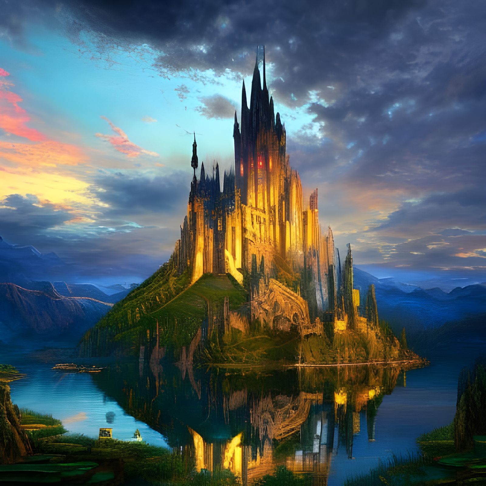 Epic Fantasy Castle Reflected in Lake at Sunset