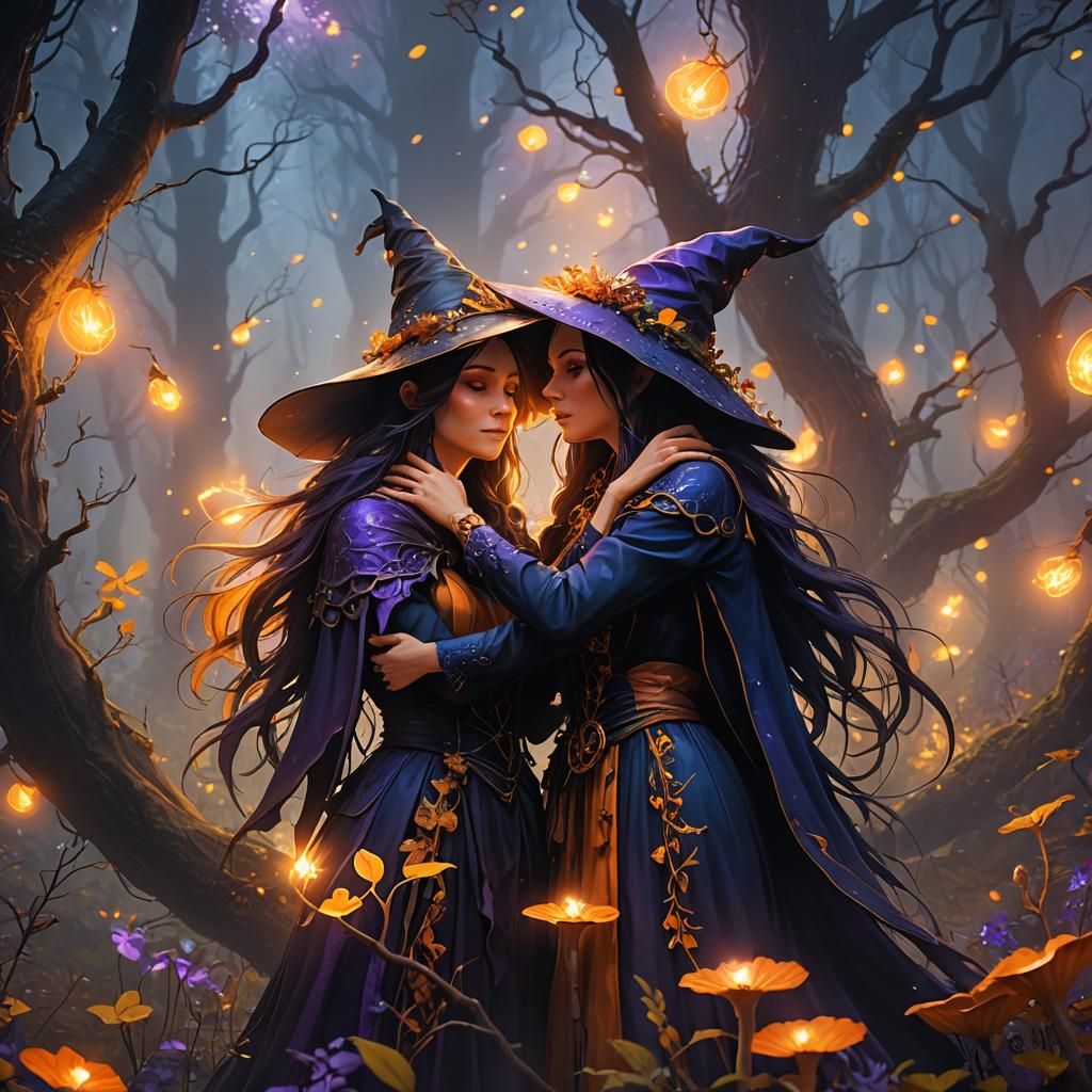Witches Embrace in Mystical Forest: Fantasy Art