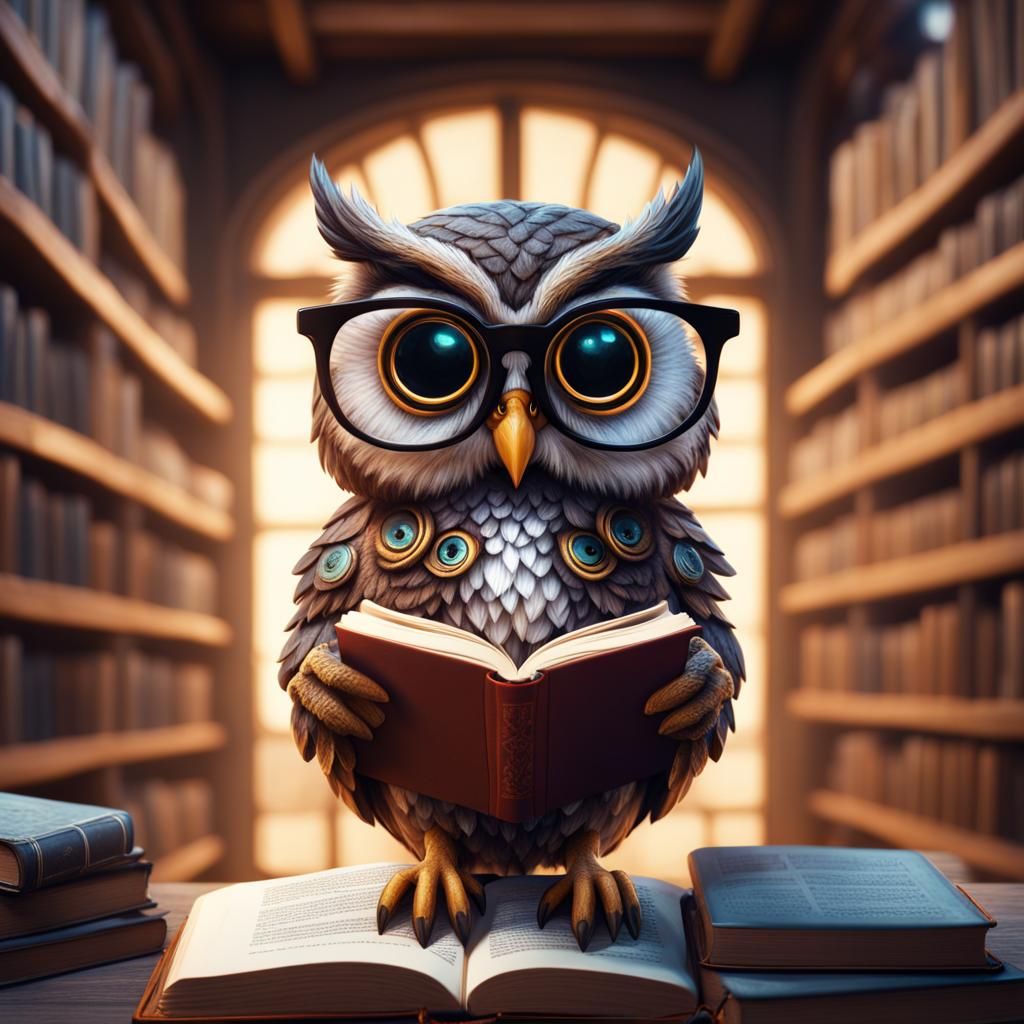Smart Owl Reading Book in Detailed Matte Painting