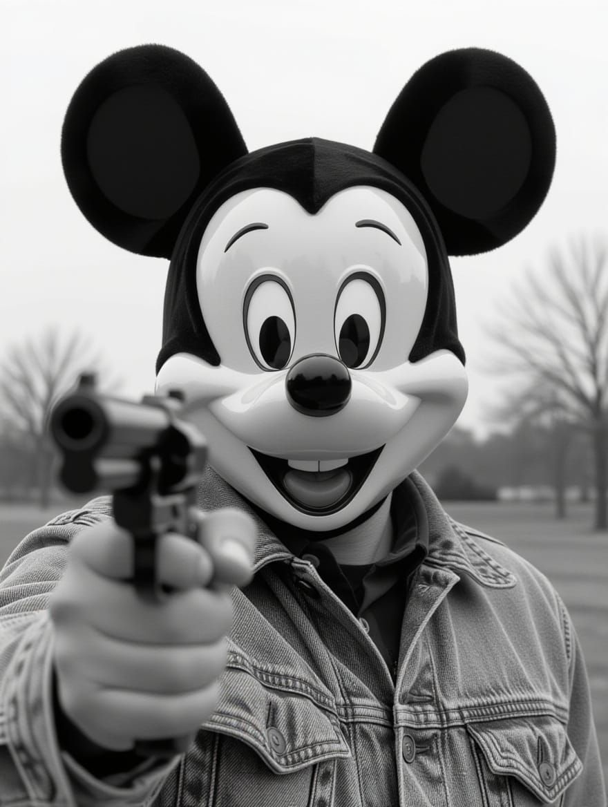 Man in Mickey Mouse Mask Points Gun in Disturbing Black and ...