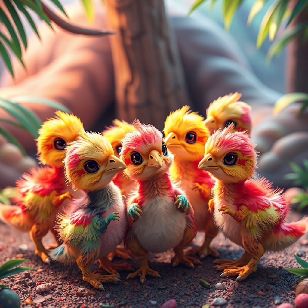 Vibrant Anime-Style Velociraptor Chicks Gather in Fantastica...