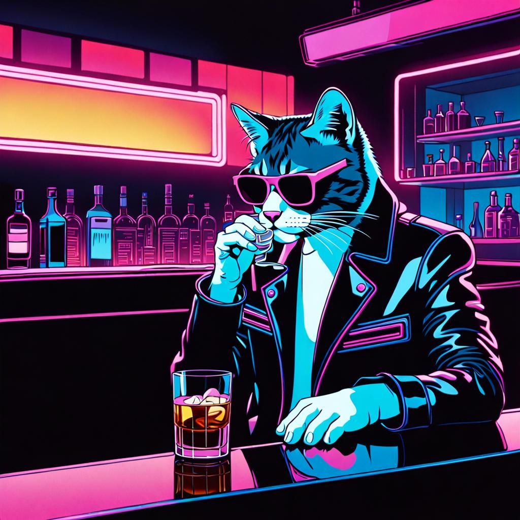 Retro-Futuristic Cat at Bar in Neon Style