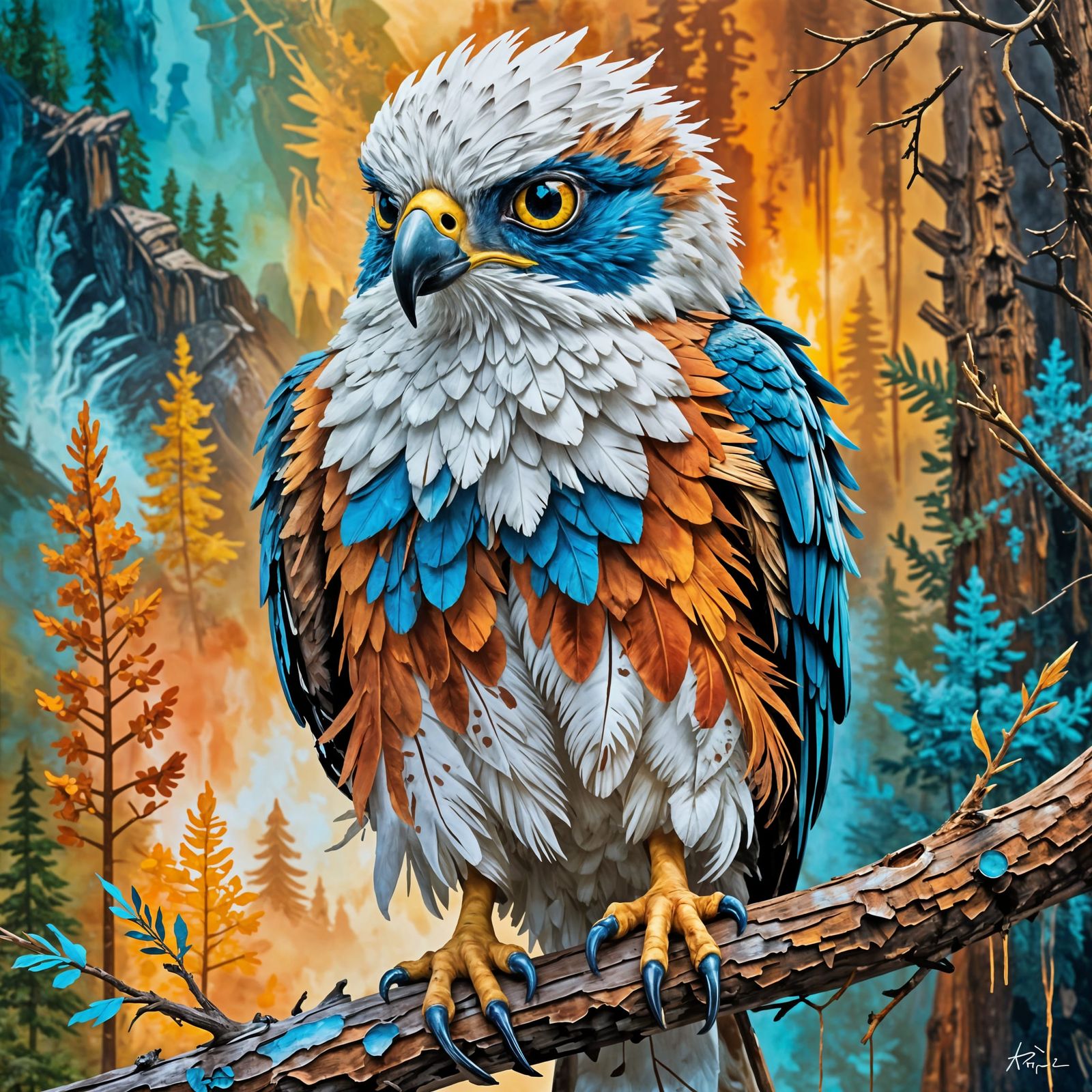 Falcon Hawk on Redwood Branch: Impasto Alcohol Ink Art