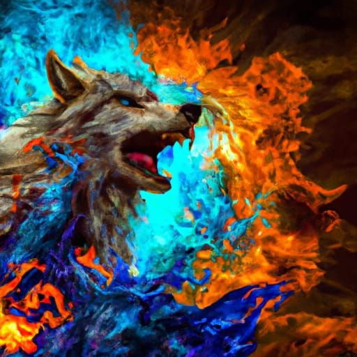 Elemental Wolf Howling in a Storm of Elements