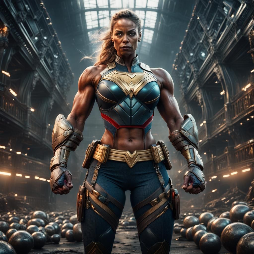 Muscular Superheroine in Tiny Outfit: Digital Matte Painting