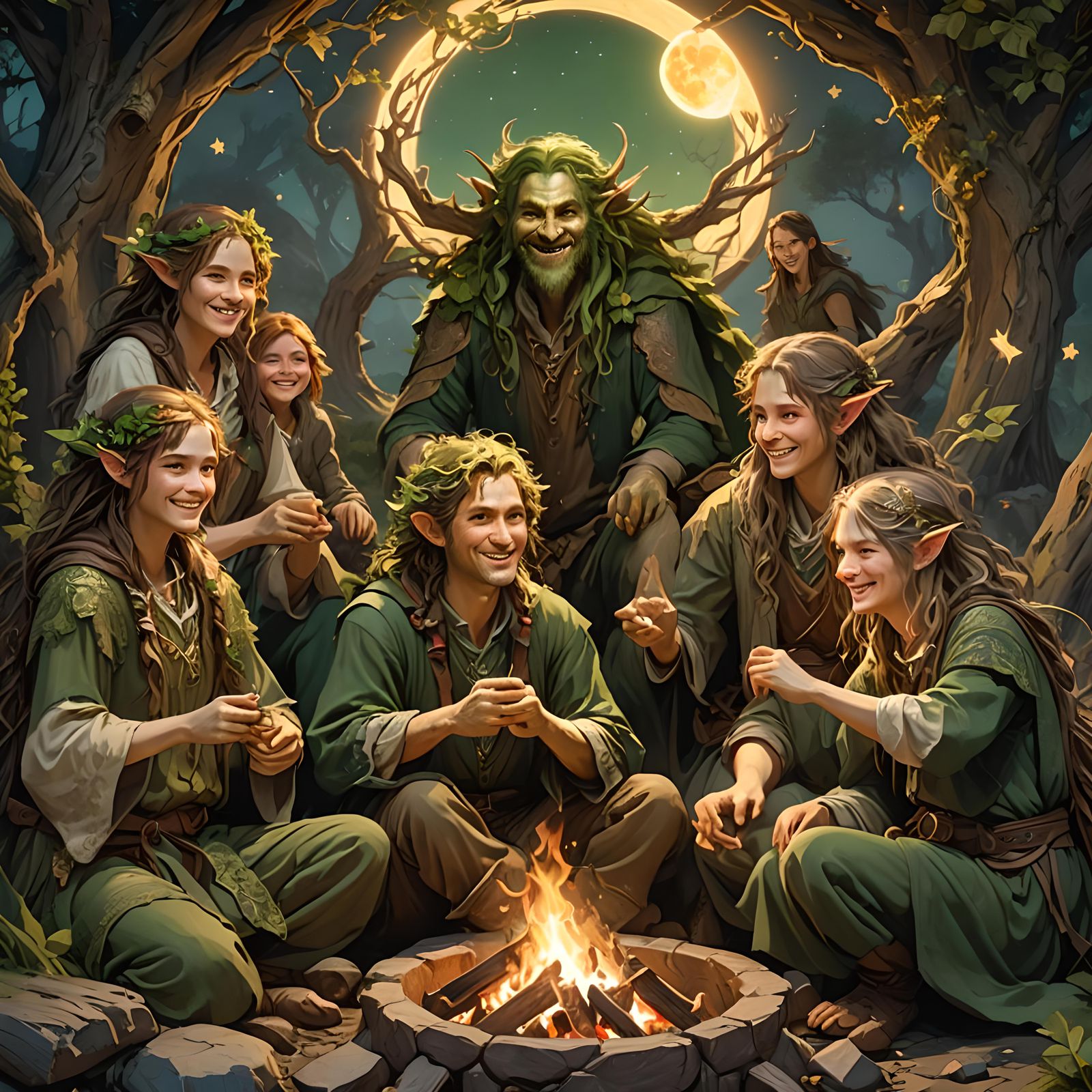Dryad and Hobbit Family Around Campfire, Fantasy Art