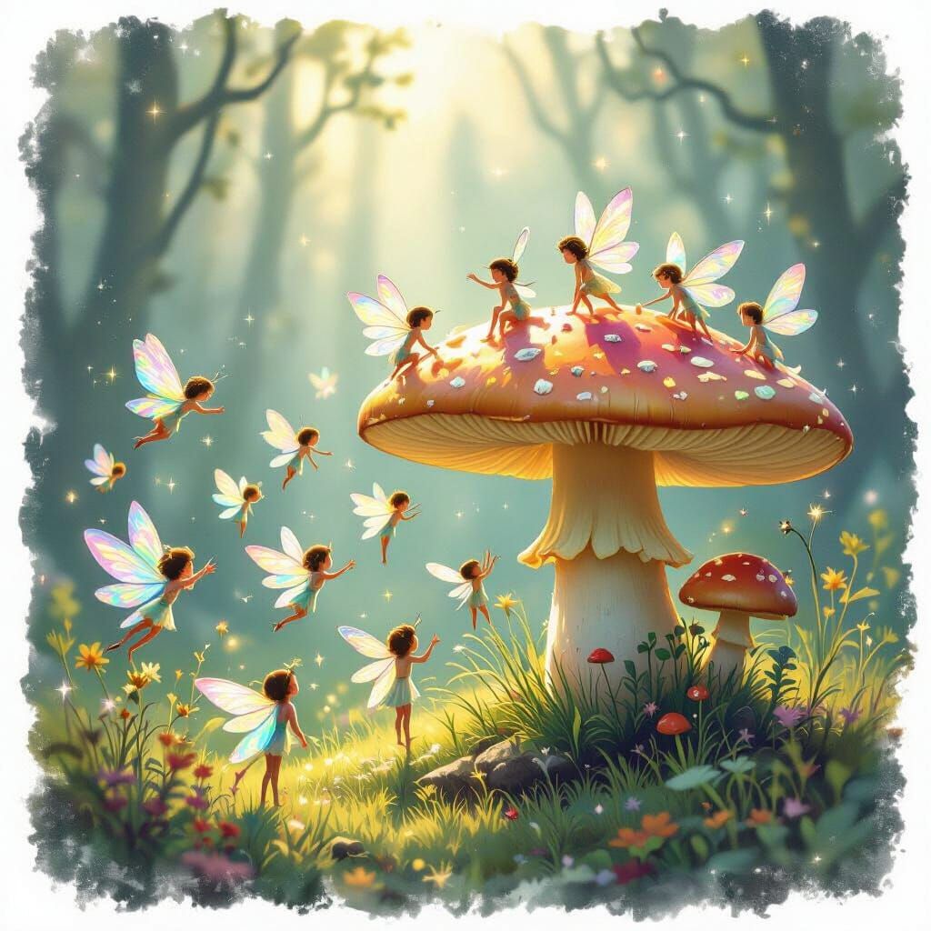 Whimsical Fairies Learning to Fly Around Giant Mushroom