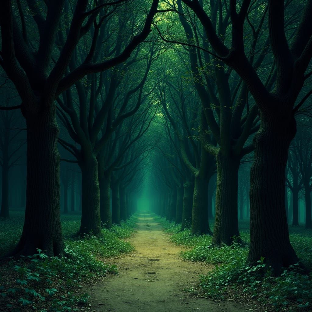 Dark Forest Path with Arched Trees Under Night Sky