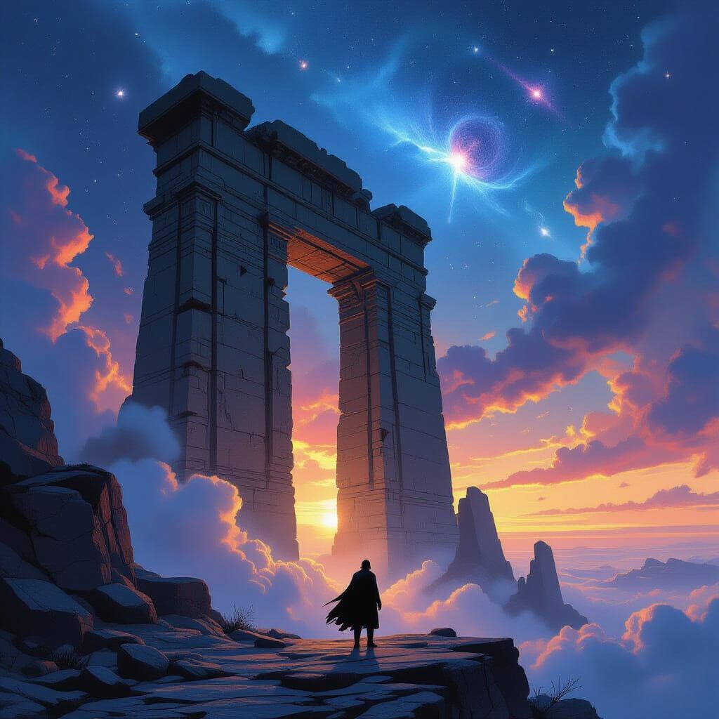 Epic Traveler at Ancient Ruin Under Cosmic Sky