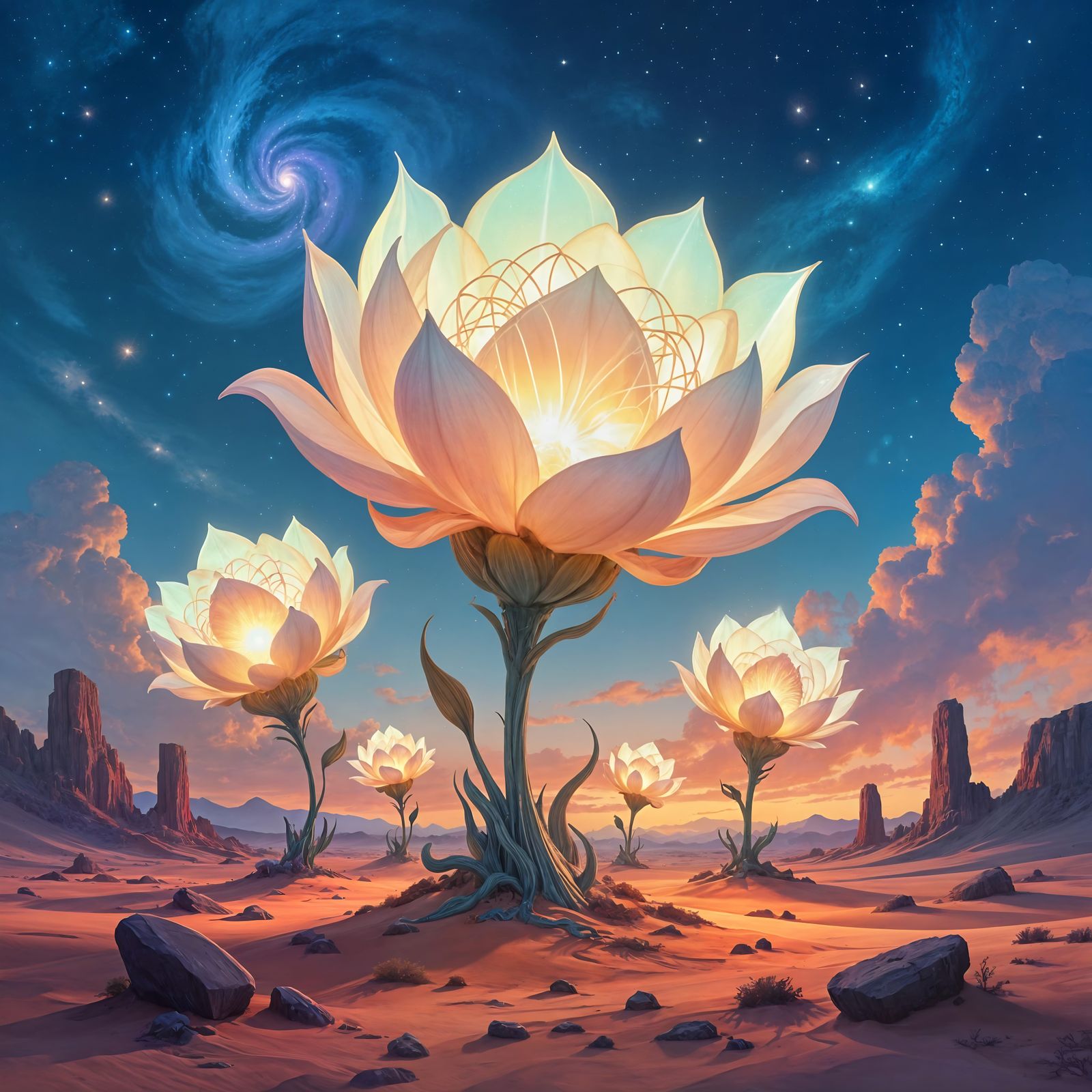 Alien Desert Blooms Under Nebula Sky