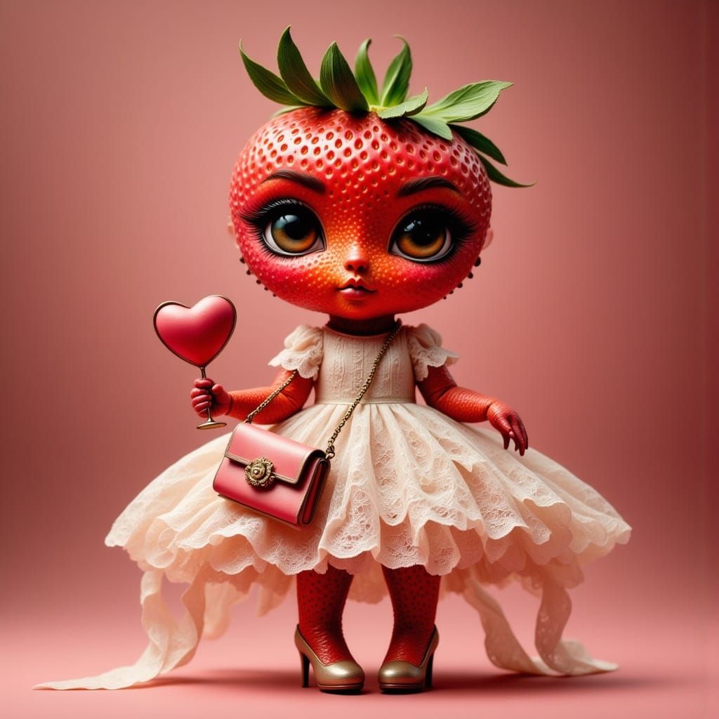 Surreal Strawberry Siren in Whimsical Evening Attire