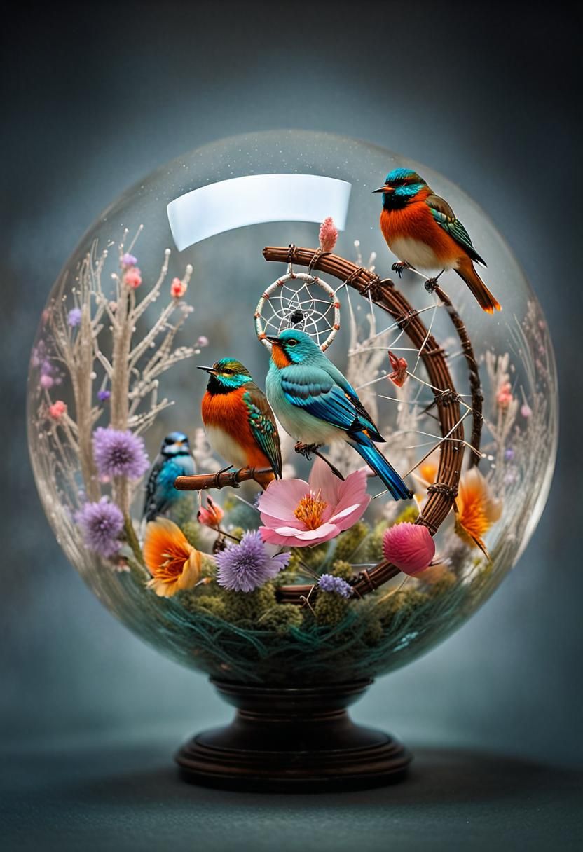 Dreamcatcher in Crystal Sphere with Spring Birds