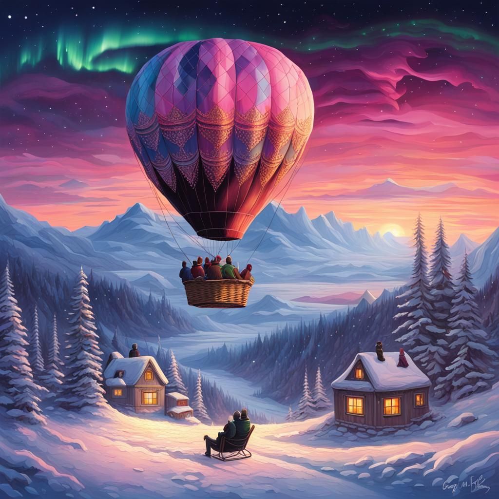 Pink Hot Air Balloon Over Aurora Winter Landscape