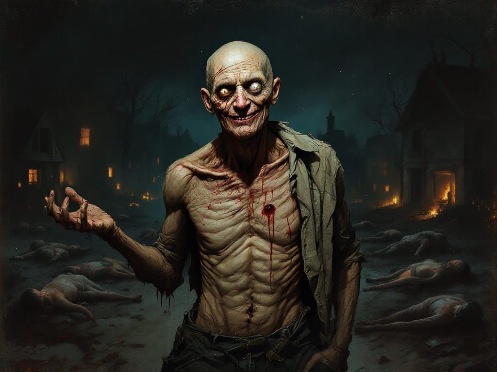 Gaunt Man in Burning Landscape as Distorted Art