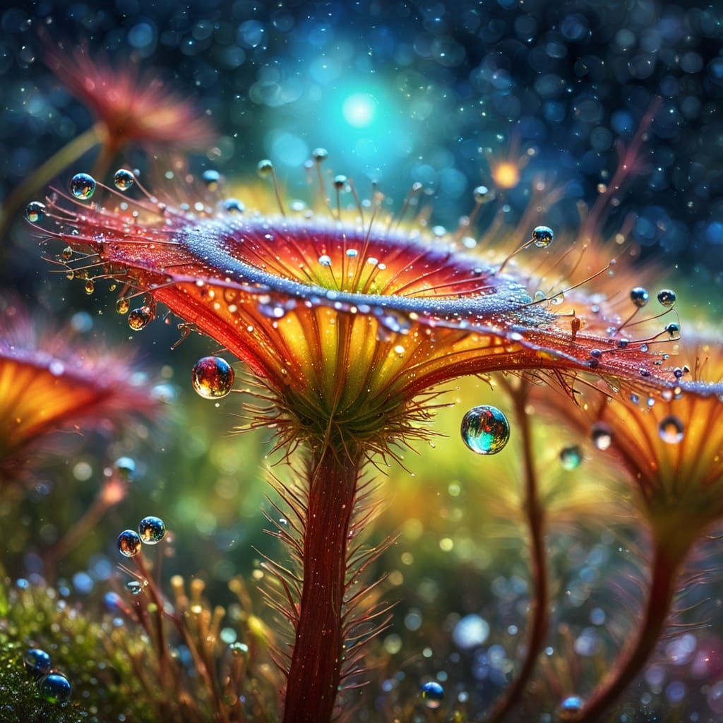 Surreal Cosmic Sundew Blooms in Stellar Vortex