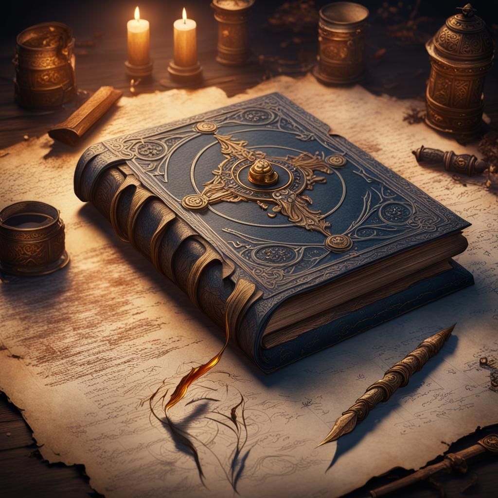 Fantastical Grimoire and Quill in Detailed Matte Painting