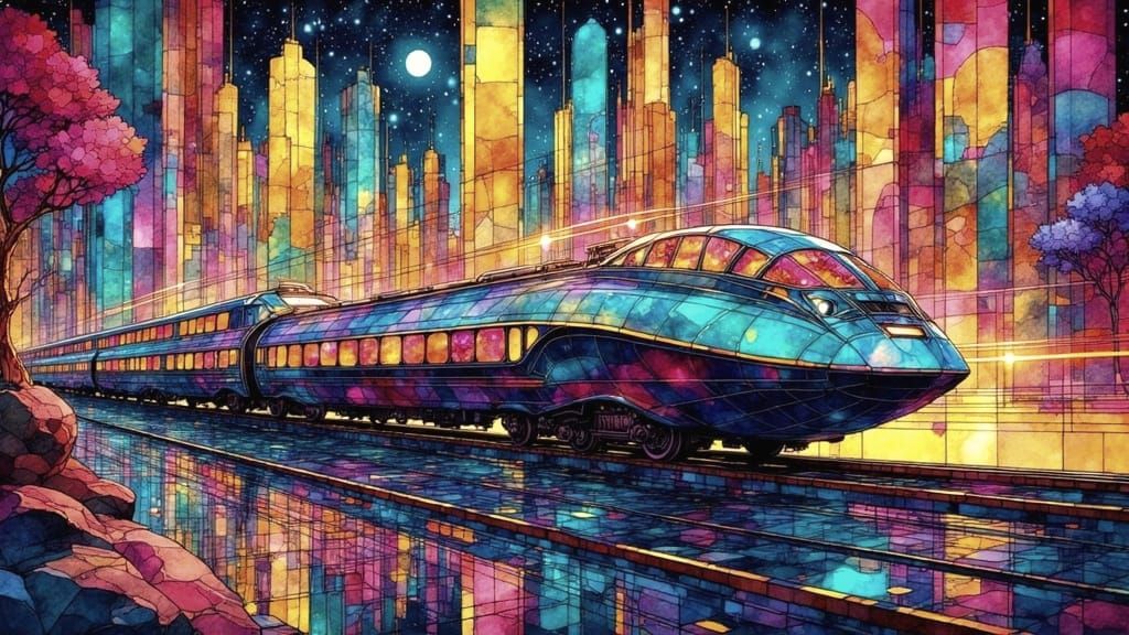 Stained Glass Futuristic Warp-Speed Train