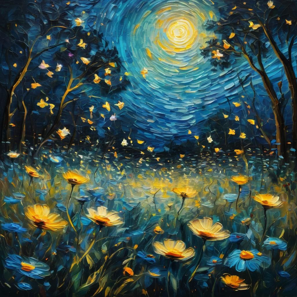 Glowing Night Flies in Park, as Oil Painting