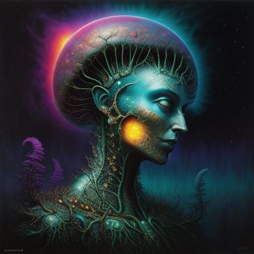 Cosmic Surrealism: Fungiform Beings in Starry Nebula