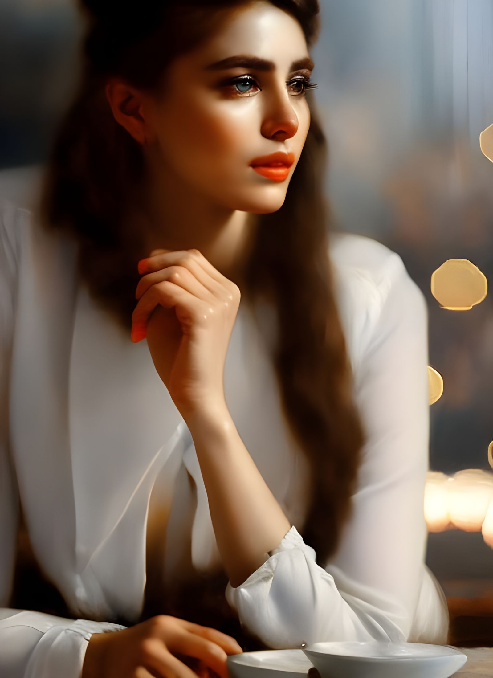 Beautiful Woman in Cafe: Photorealistic Portrait