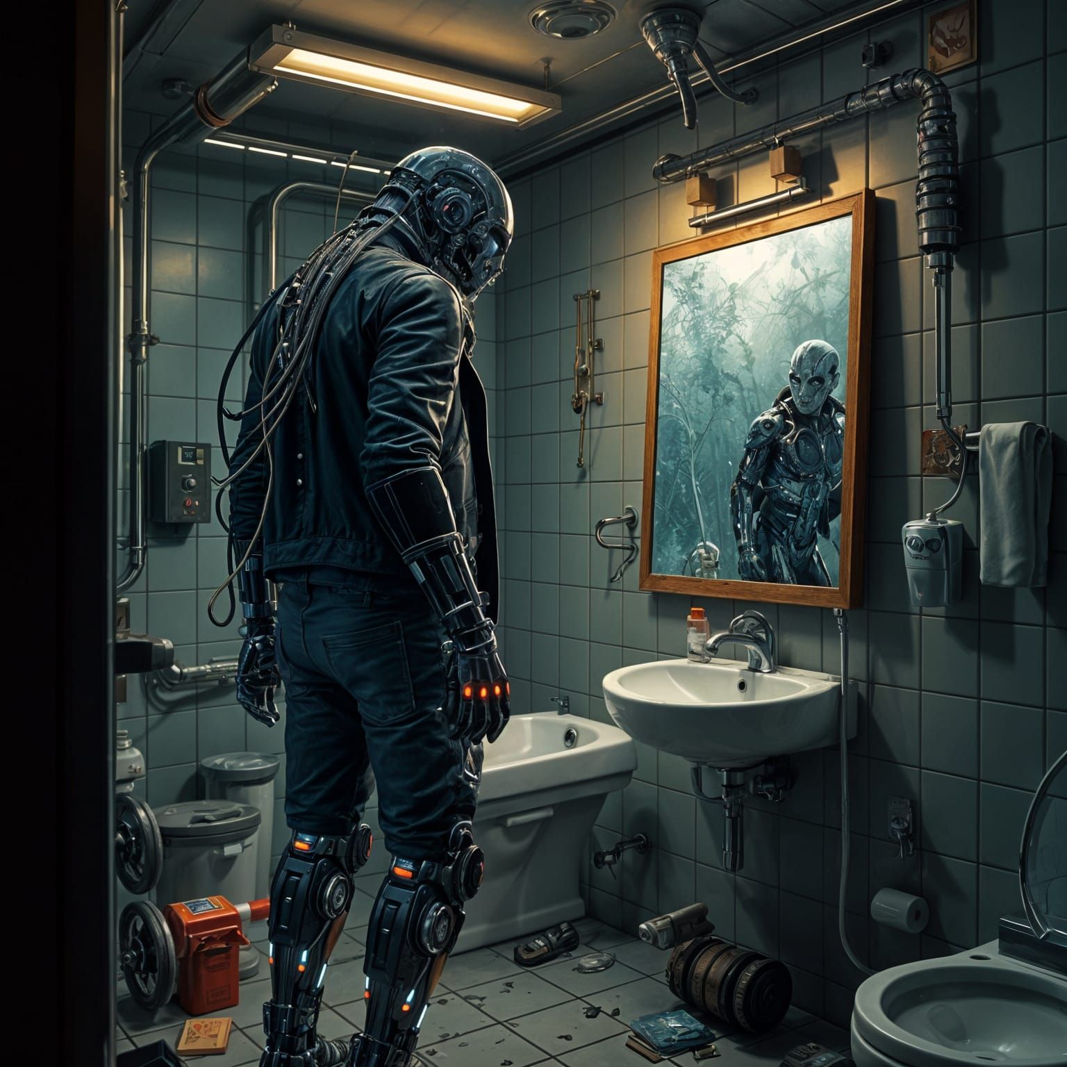 Cyborg Transhumanist in Mirrored Contemplation