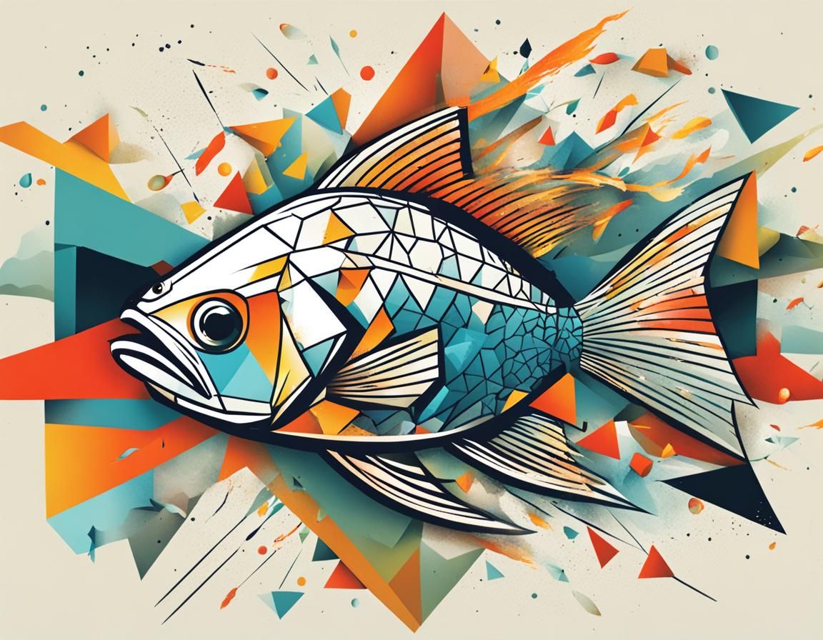 Abstract Fish Exploding into Geometric Shapes