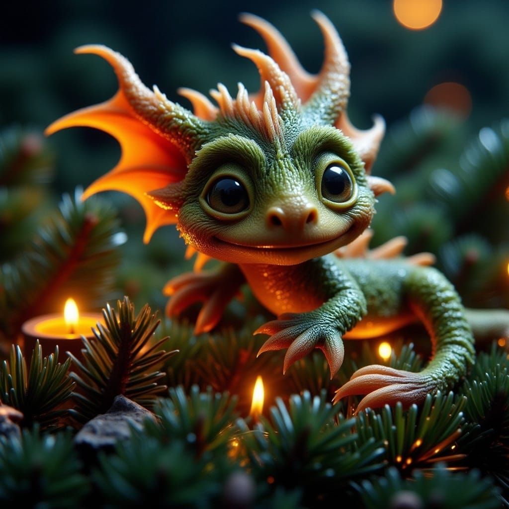 Glimmering Dragon Cub Climbs Christmas Tree
