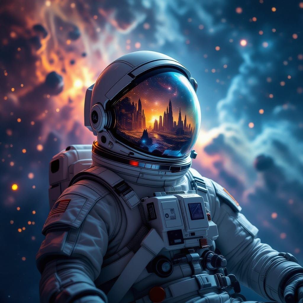 Astronaut Adrift in Cosmic Nebula Reflecting Alien City