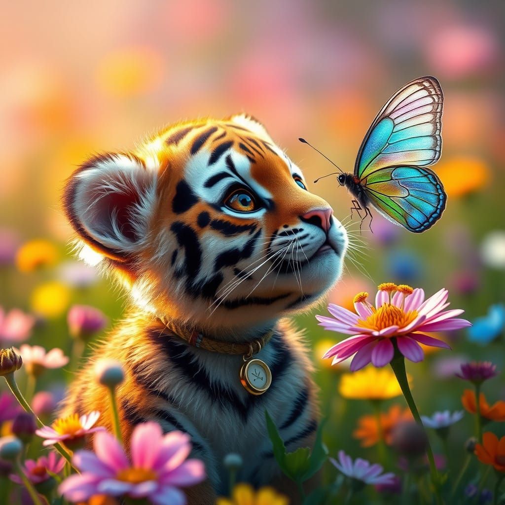Whimsical Tiger Cub Surveys Vibrant Butterfly in Flower Mead...
