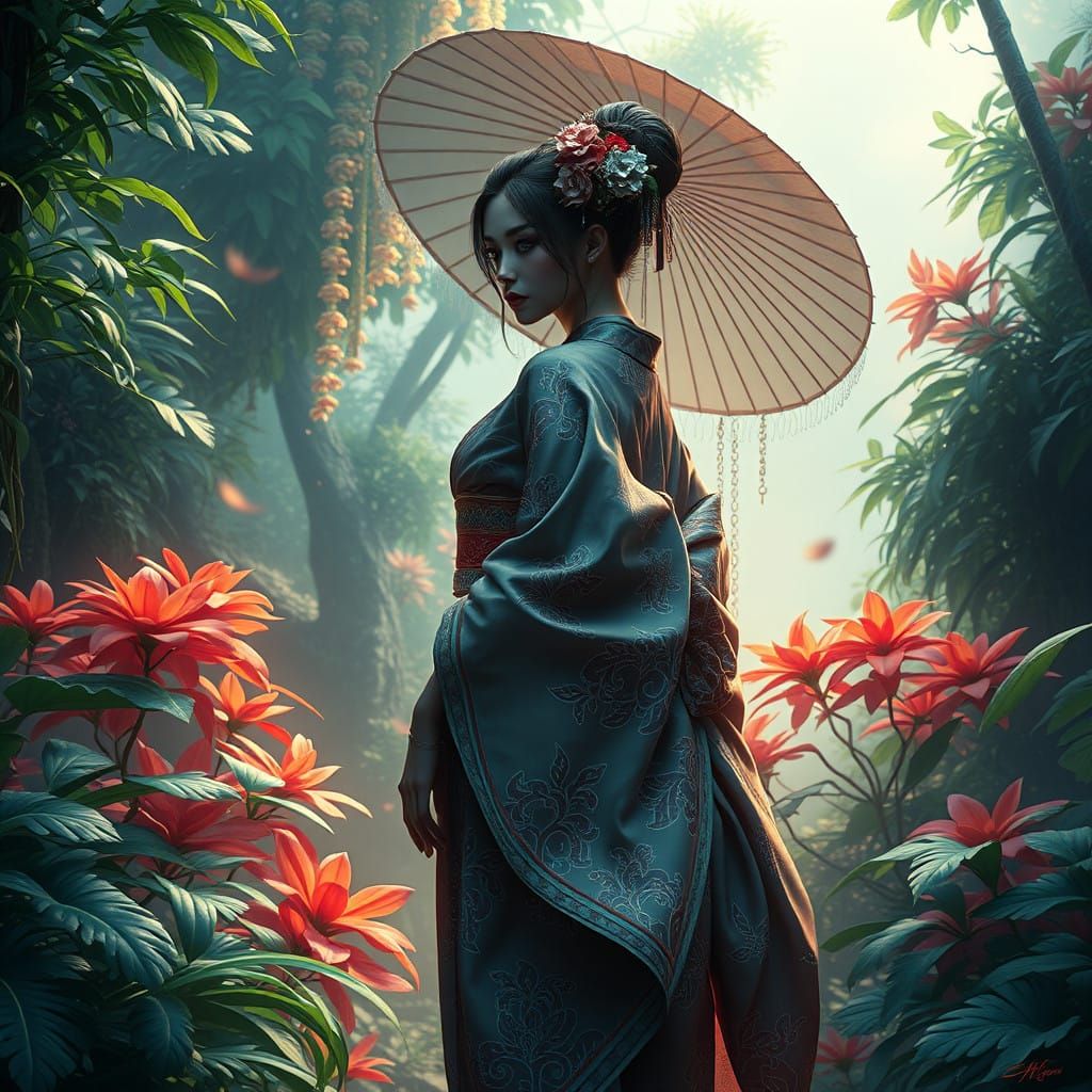 Poised Figure in Kimono Amidst Vibrant Fantasy Landscape
