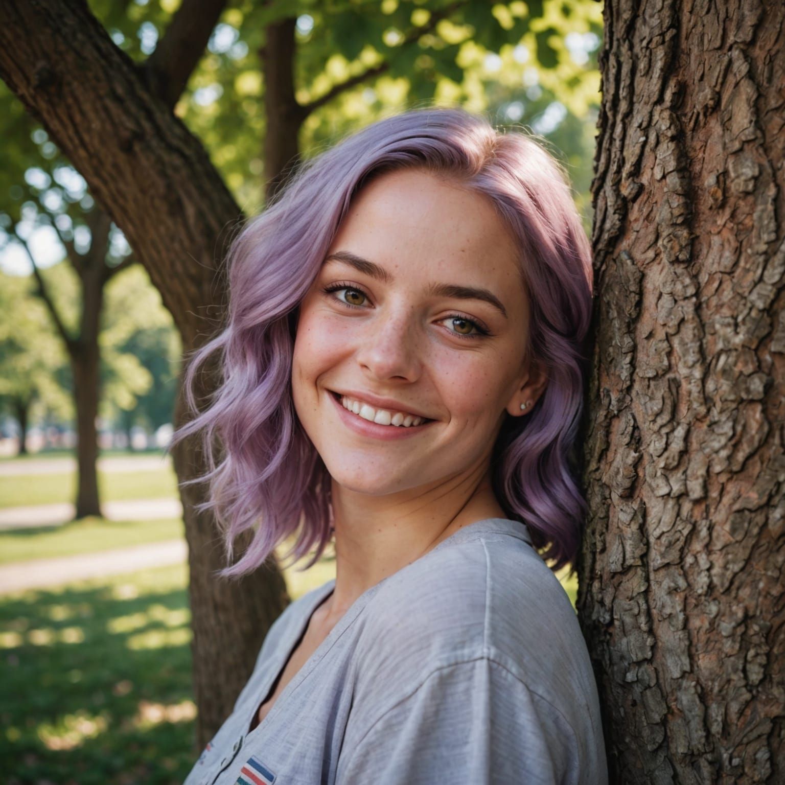 Smiling Lilac-Haired Woman Under a Tree
