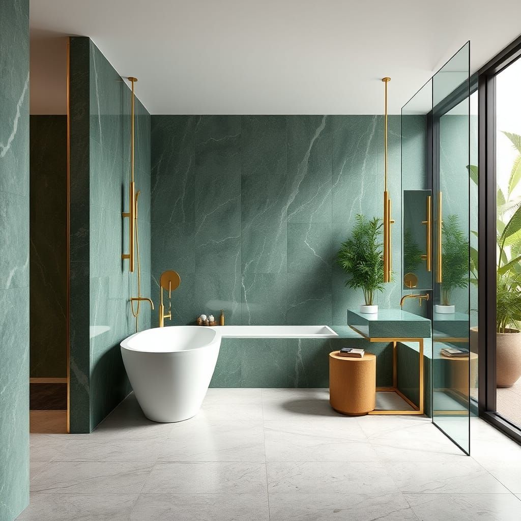 Minimalist Green Marble Bathroom with Brass Accents