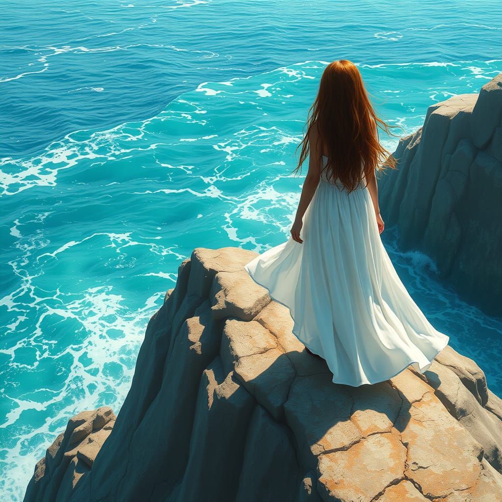 Girl in White Dress Amidst Turquoise Ocean