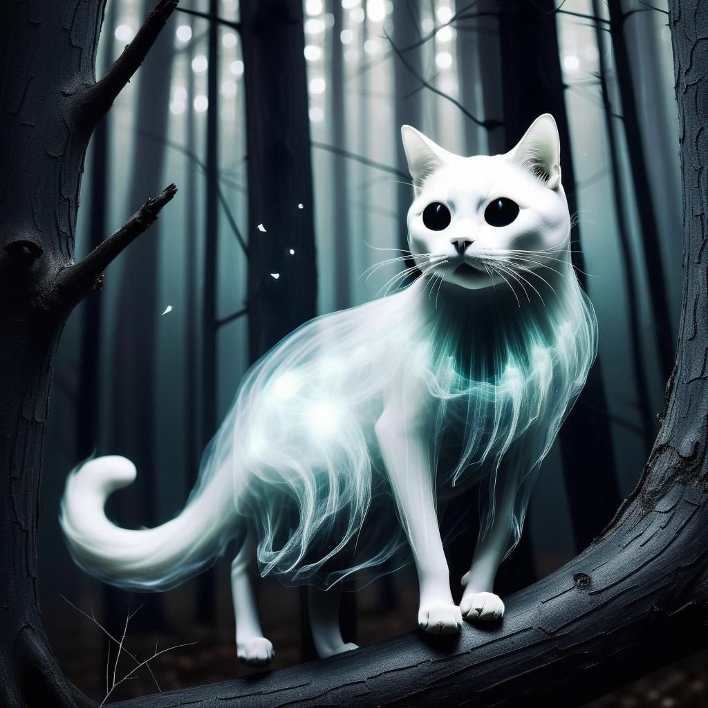 Whimsical Ghost Cat Mystically Floating Through Forest