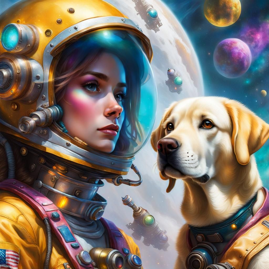 Steampunk astronaut and Astronaut Dog
