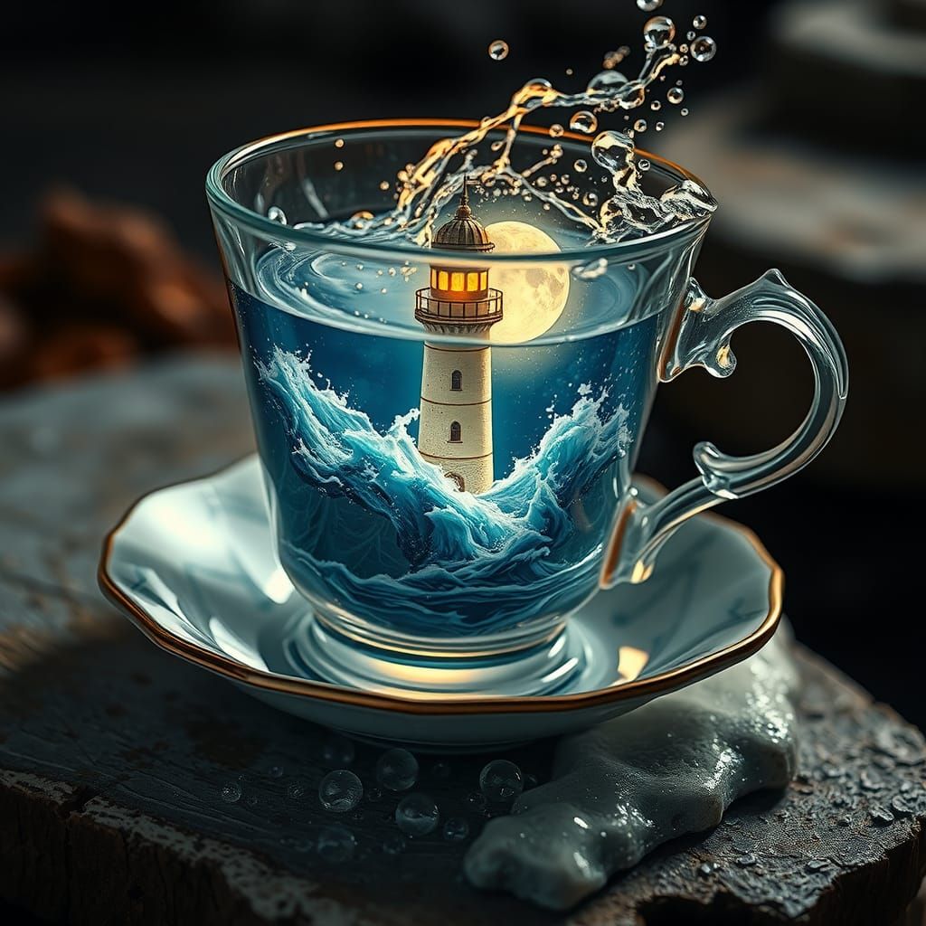 Lighthouse in Teacup: Fantasy Nautical Art