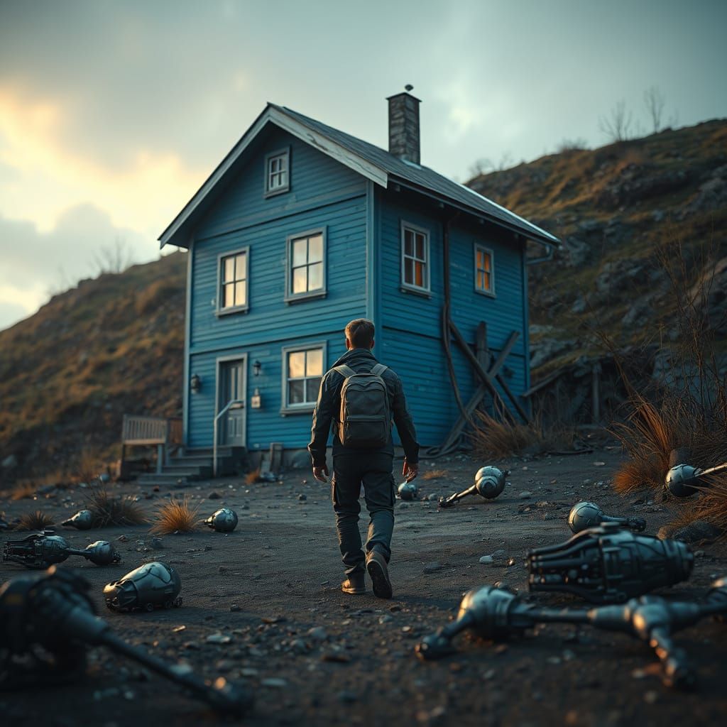 Futuristic Traveler Approaching Hillside House