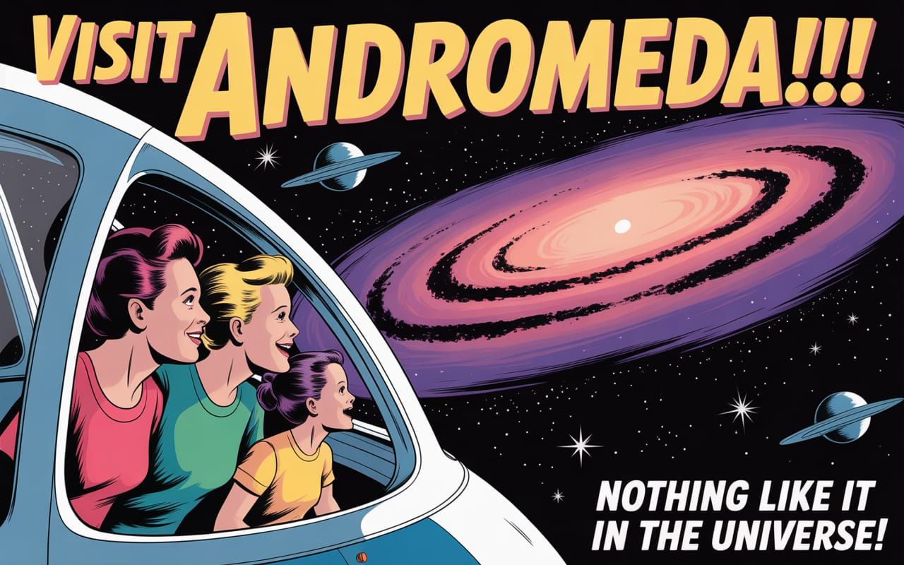 A 1950s style Travel Poster advertising a trip to the Andromeda Galaxy in your own personal spaceship.