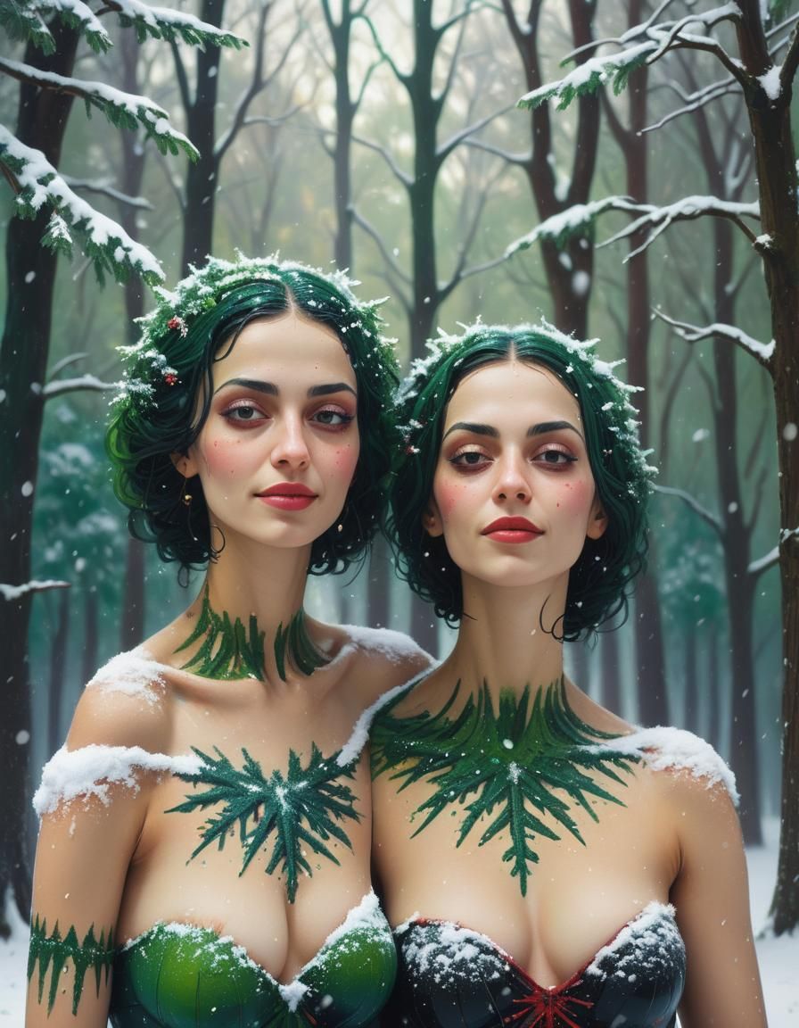 Twin Egyptian Gothic woman, red-green , deep beach trees bac...