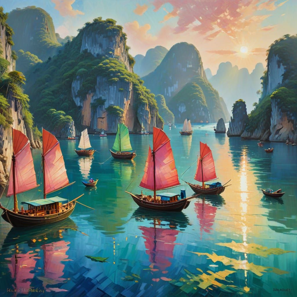 Halong Bay in Impressionist Style with Junk Boats